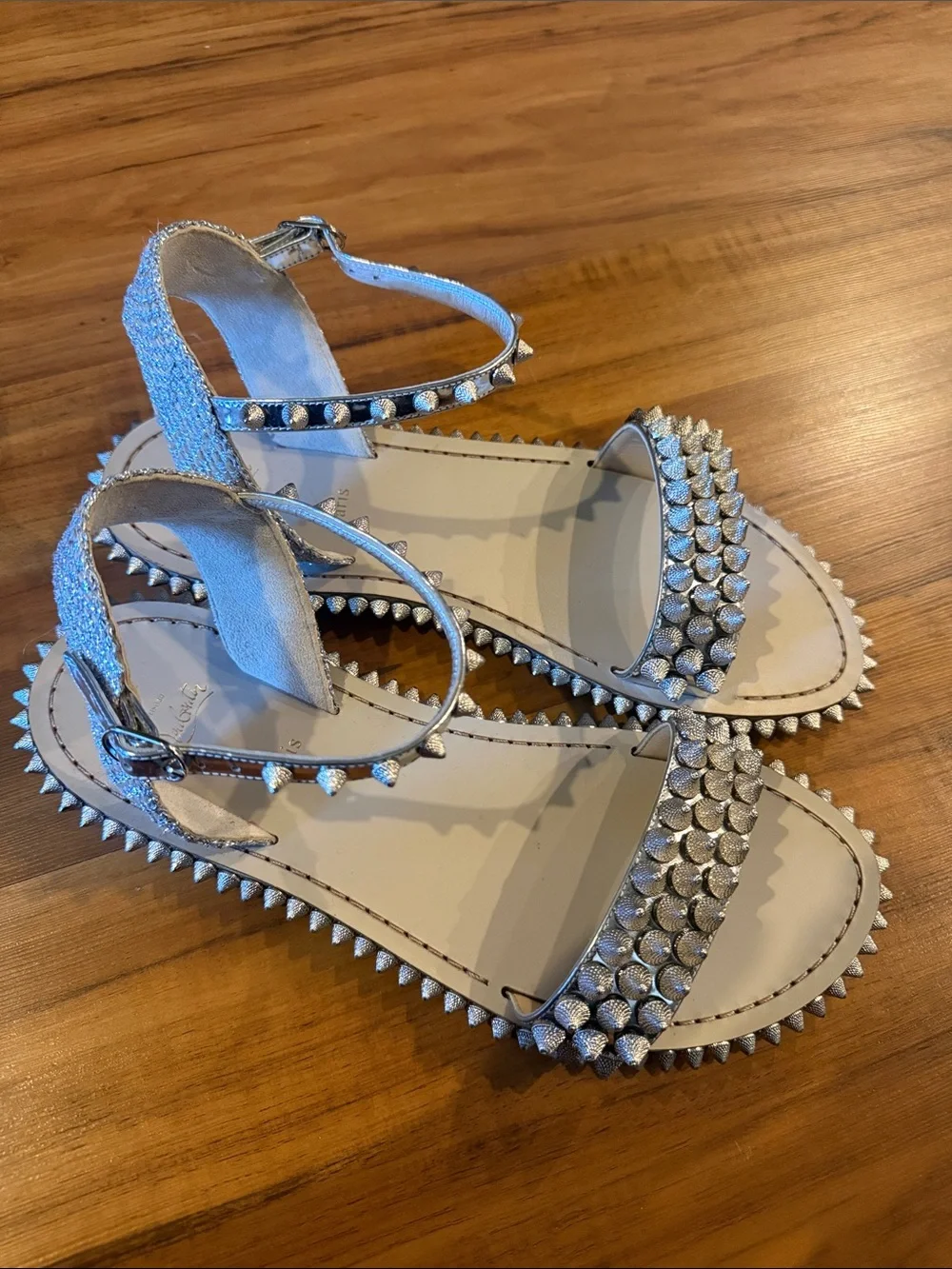Christian Louboutin Silver Studded Leather Ankle-Strap Sandals size 40